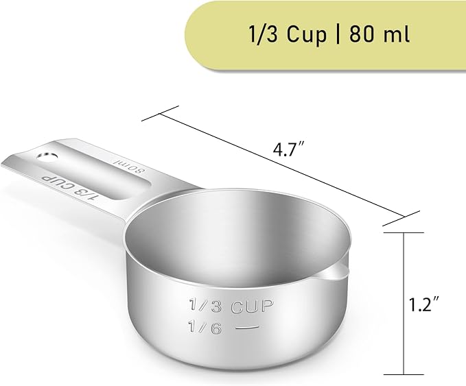 2PCS 1/3Cup (80ml, 2.7oz) Single Measuring Cup, Stainless Steel Measure Scoop, Metric and US Measurement, Dishwasher Safe