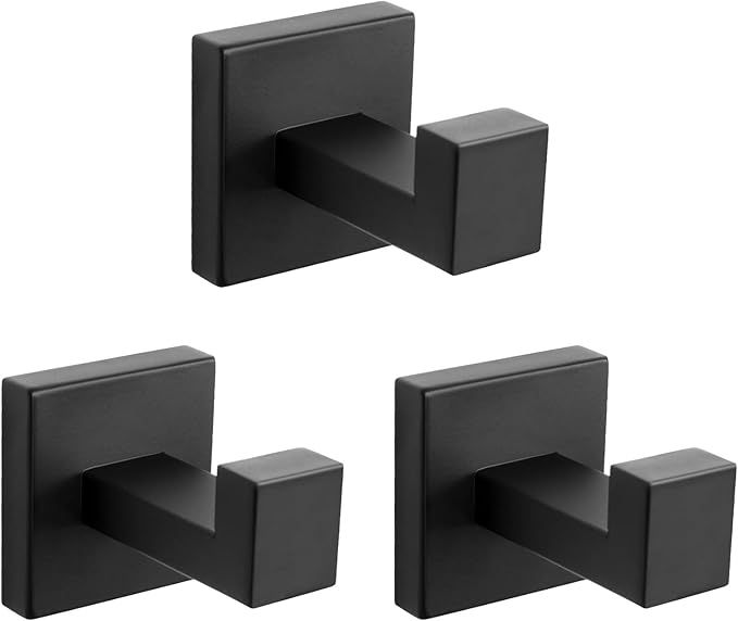 NearMoon Bath Towel Hooks -SUS304 Stainless Steel Square Clothes Robe Hooks Hanger, Heavy Duty Coat Hooks for Bathroom Livingroom Hotel Kitchen Garage, Wall Mounted - 3 Pack (Matte Black)