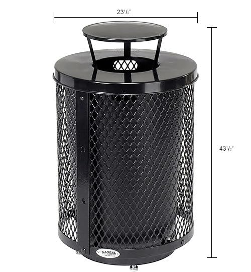 Global Industrial Outdoor Diamond Steel Trash Can with Rain Bonnet Lid, Raised Base and Plastic Liner, 36 Gallon Capacity, Black, Thermoplastic Coating, 23-1/2" Diameter, 43-1/2"H