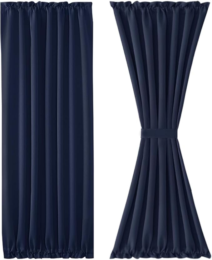 DWCN French Door Curtains Rod Pocket Thermal Blackout Curtain with Glass Window, Kitchen and Patio Door Privacy, 54 X 80 Inches Long, 1 Curtain Panel with Tieback, Navy Blue