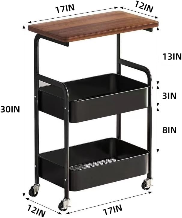 3 Tier Metal Rolling Utility Cart Organizer with Walnut Table Top, Stable and Sturdy Rolling Storage Carts with 2 Lockable Wheels for Kitchen，Bathroom，Snacks，Coffee，Craft，Makeup，Baby Essentials
