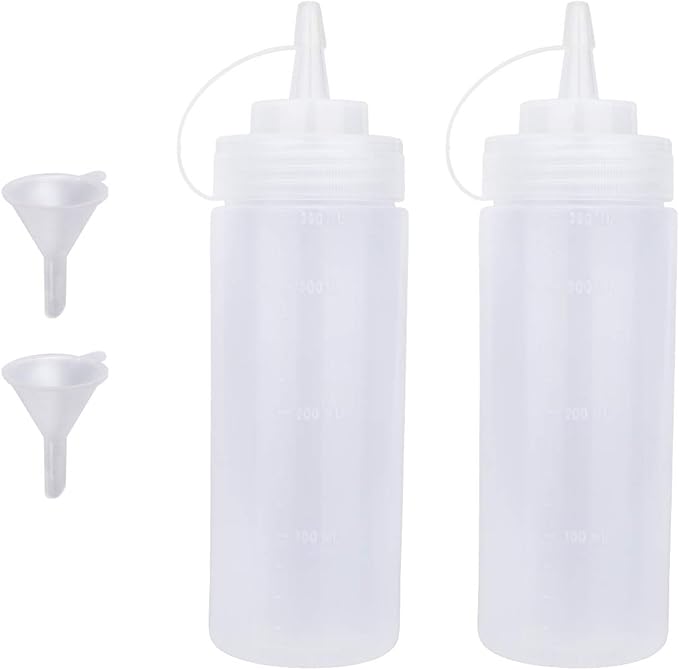 Squeeze Bottles for Sauces 2 Pack, Ketchup Bottle 12 Ounce Plastic Dressing Squirt Bottle with Cap Lids and Funnel, Condiment Bottles for Liquids BBQ Dressing Pancake Art Dispenser
