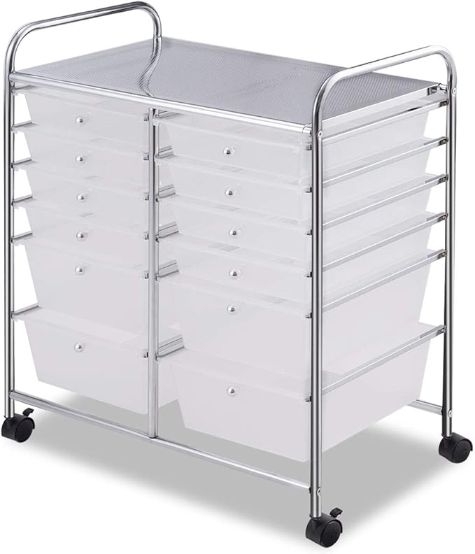 GOFLAME 12-Drawer Rolling Storage Cart, Multipurpose Organizer Cart with 2 Sizes Plastic Drawers, Mobile Utility Cart with Lockable Casters for School, Home Office, Beauty Salon, Clear