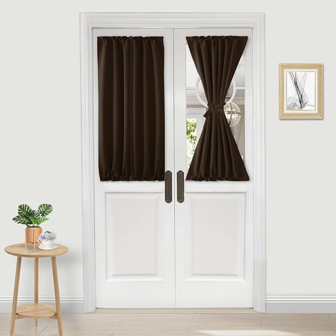 DWCN French Door Curtains – Rod Pocket Thermal Blackout Curtain for Doors with Glass Window, Kitchen and Patio Doors for Privacy, 25 X 40 Inch Length, 1 Curtain Panel with Tieback, Brown
