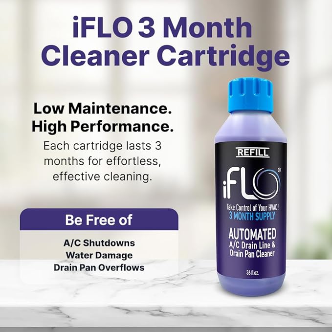 iFLO® Smart A/C Drain Line Cleaner and Drain Pan Cleaner Cartridge, Fast-Acting, Long-Lasting HVAC System Solution for Tough Clogs & Buildup, 3-Month Supply per Bottle, 2 Pack of 36oz