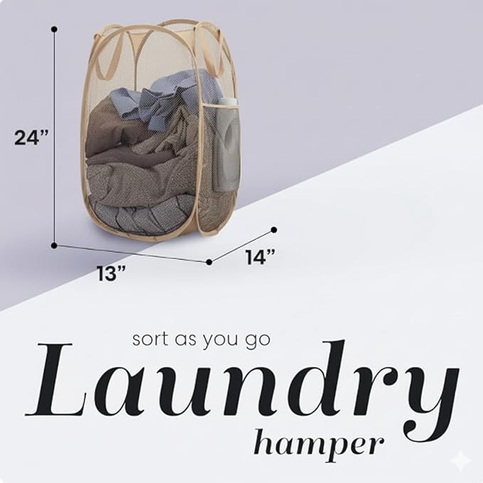 Handy Laundry Collapsible Mesh Pop Up Hamper with Wide Opening and Side Pocket - Breathable, Sturdy, Foldable, and Space-Saving Design for Clothes and Storage (Beige)