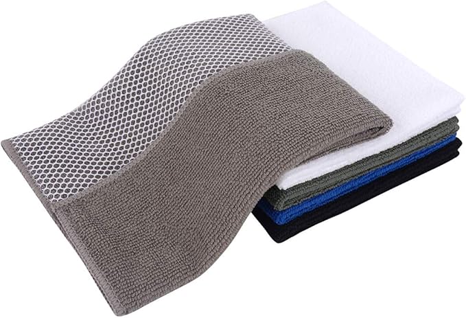 SINLAND Microfiber Dish Cloth for Washing Dishes Best Kitchen Washcloth Cleaning Cloths Poly Scour Side 12inchx12inch 5 Pack (Blue+White+Grey+Brown+Black)