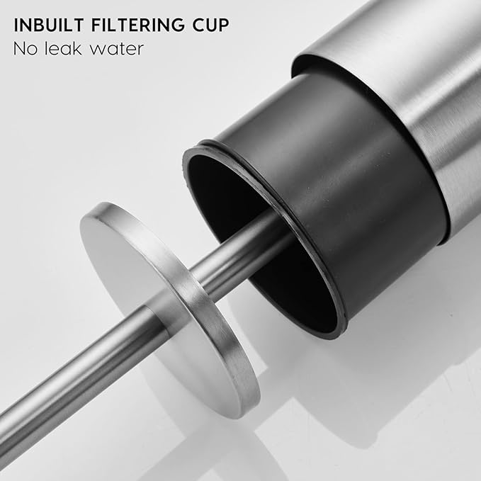 Brushed Stainless Steel Toilet Brush and Cover, No-Punch Hook Base Dual Purpose Toilet Brush Holder with Removable Inner Bucket and Splash Cover - Soft Bristles (Brushed)