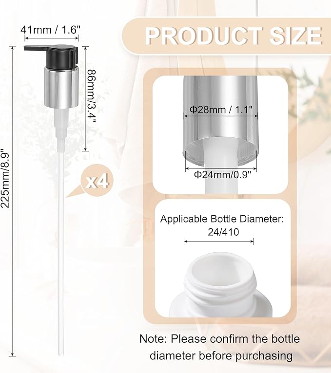 uxcell 4 Pcs Soap Dispenser Pump Heads, Hand Soap Dispensers Top Pumps Replacement Clip-on Pumphead for Standard 24/410 Neck Size Bathroom Lotion Shampoo Bottle, Silver Black