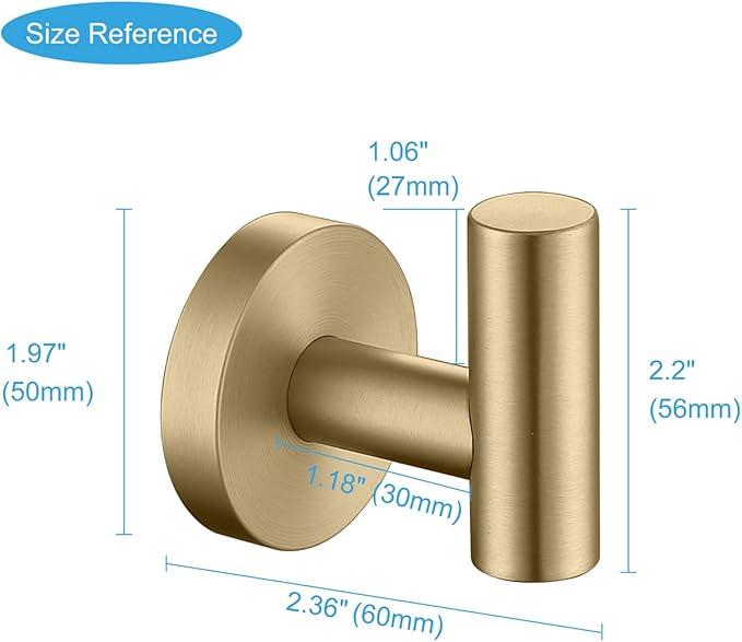 TASTOS Brushed Gold Bathroom Towel Coat Hook Stainless Steel, 2 Pack Robe Clothes Cabinet Closet Sponges Hooks Holder Round Style Heavy Duty Wall Hook for Bathroom Kitchen Hotel Wall Mounted