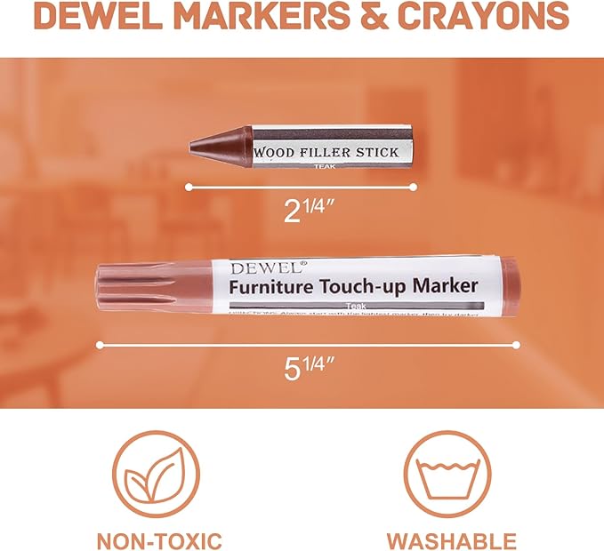 DEWEL Wood Furniture Markers & Filler Sticks Repair Kit, New Improved 18 Colors Touch Up Markers and Wax Sticks - Cover Damaged Wooden Surface and Floor, for Pet Scratches, Stains, Cracks and Dents
