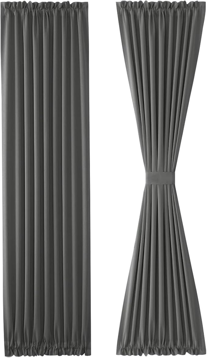 DWCN French Door Curtains – Rod Pocket Thermal Blackout Curtain for Doors with Glass Window, Kitchen and Patio Doors for Privacy, 36 X 72 Inches Long, 1 Curtain Panel with Tieback,Dark Grey