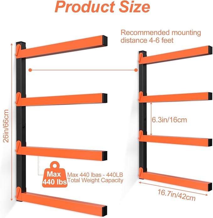 NANANARDOSO Wall Mount Wood Organizer and Lumber Storage,Heavy Duty Metal Shelf with 4-Level,Lumber Metal Racks for Indoor and Outdoor Use,4 Pack