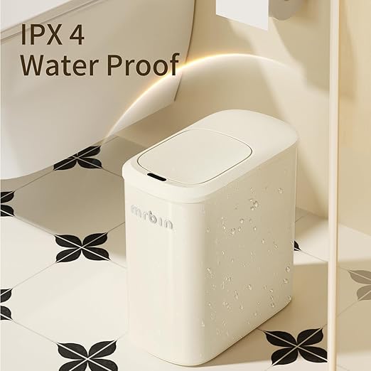 MRBIN Motion Sensor Bathroom Metal Trash Can with Lid and Wheels, 10L/2.6gal Automatic Removable Slim Electric Narrow Waste Basket for Near Desk Office, Bedroom, Kitchen, Rv, White