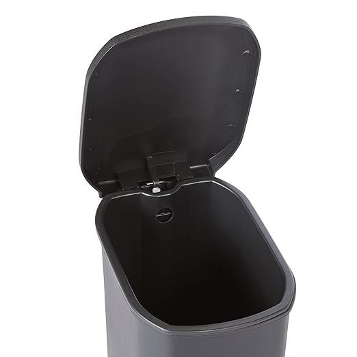Amazon Basics Compact Plastic Bathroom Trash Can with Hands Free Foot Pedal, Quiet Close Step-On, 6 Liters, Black, Lid Included