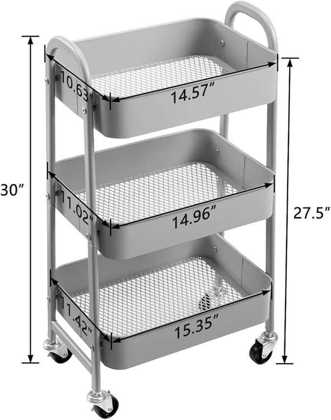 AGTEK Makeup Cart, Movable Rolling Organizer Cart, 3 Tier Metal Utility Cart, Grey