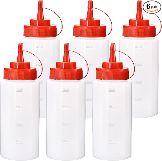 Condiment Squeeze Bottles Ketchup Dispenser, 6 Pack 16oz Squeeze Bottles for Liquids, Plastic Sauce Bottle with Cap Lid, Squirt Bottles for Sauces Liquids BBQ Dressing Pancake Art