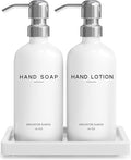 White Glass Soap and Lotion Dispenser Set by Brighter Barns - Bathroom Soap Dispenser Set Tray - Liquid Hand Soap Dispenser Pump - Modern Bathroom Accessories for Guest, Hotel, Spa, Restaurant (White)
