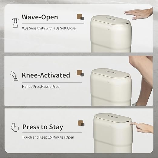 Slim Motion Sensor Trash Can for Bathroom, Automatic Compact Touchless Garbage Bin with Lid, 2.4 Gallon Small Electric Waste Basket for Narrow Apartment Dorm Office, Kitchen, Bedroom, Cream White