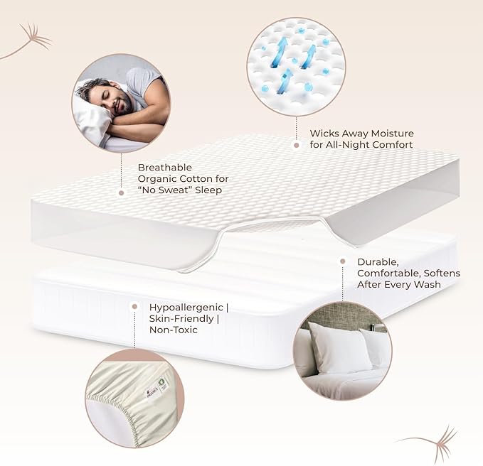 100% Cotton Organic Mattress Pad - Breathable & Cooling Mattress Protector Twin XL Size - Premium 300GSM Quilted and Noiseless Machine Washable Organic Mattress Protector (White, Twin XL)