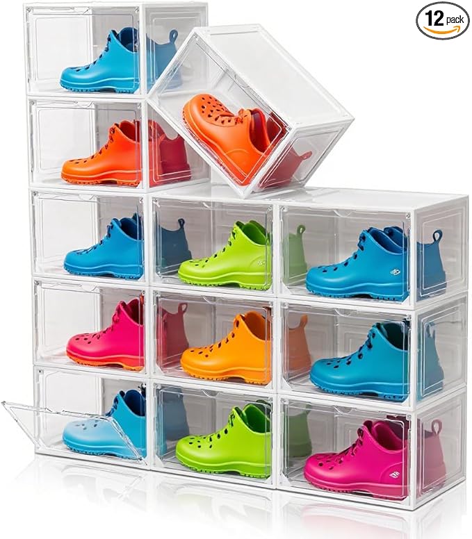 12 Pack White Shoe Boxes Stackable,Large Shoe Storage Organizer with Magnetic Door,Drop Side Shoe Containers for Entryway,Sneaker Storage Fit up to US Size 12 for Men/Women(13’’x10.62”x8.26”