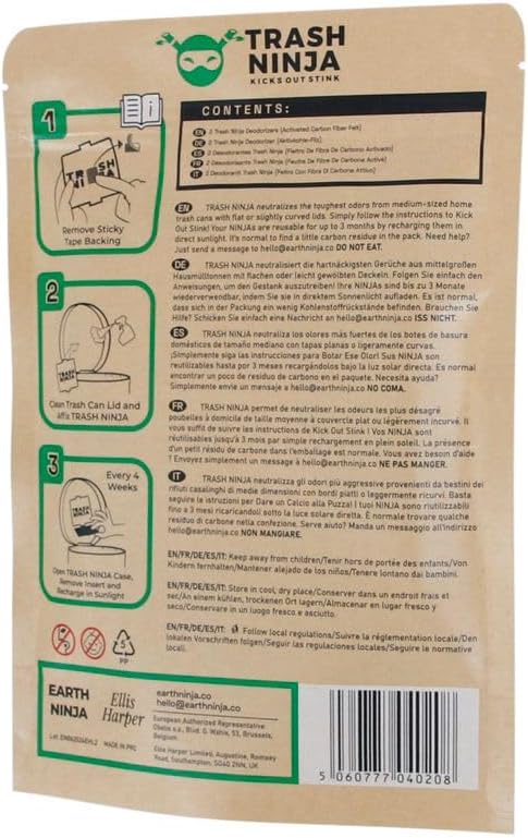 Trash Ninja Trash Can Deodorizer and Odor Eliminator (2 Pack) for Indoor Trash Cans Up to 10 Gallons, Made with Natural Activated Carbon - Lasts Up to 3 Months - Garbage Can Deodorizer to Control Odor