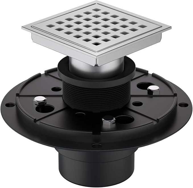 4-3/8 Inch Square Shower Floor Drain Brushed Stainless Steel Drain Kit with Flange, Removable Grid Cover, Hair Strainer