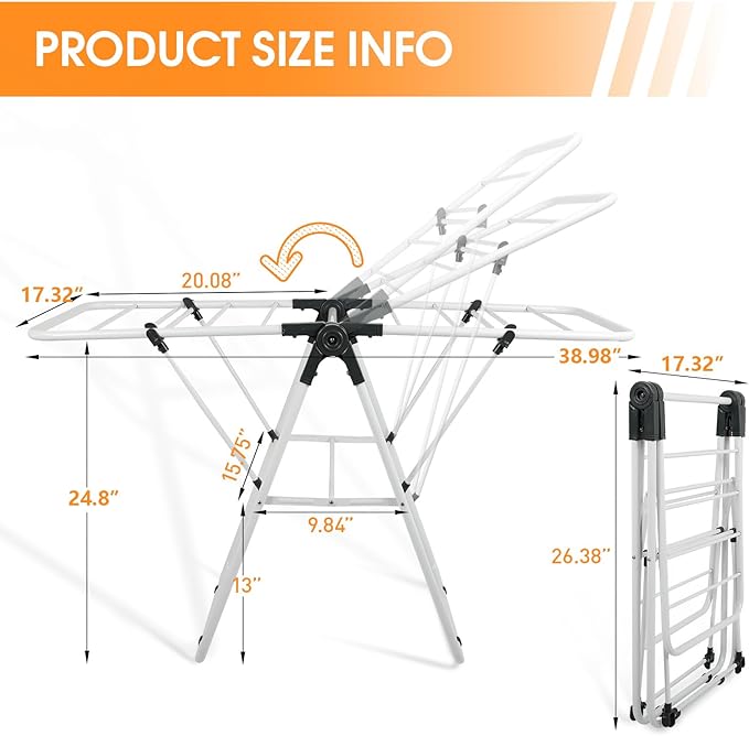 Clothes Drying Rack, Metal Foldable Laundry Drying Rack, with Adjustable Height Levels Wings, Space Saving, Indoor Outdoor Use, White Free-Standing Airer