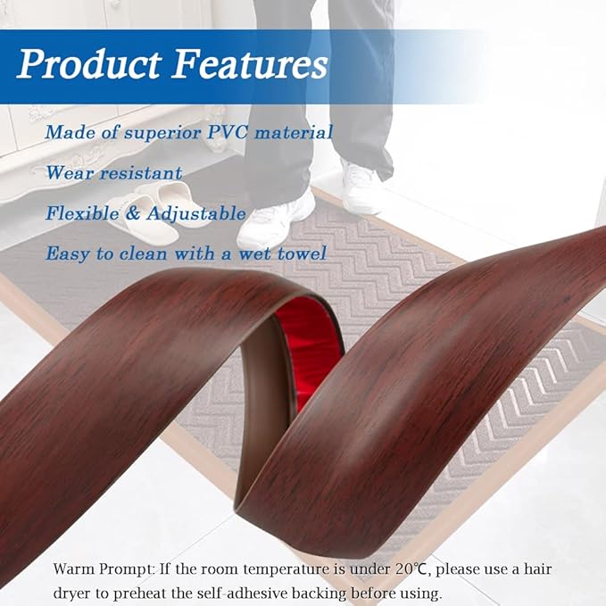 Floor Transition Strip Self Adhesive Carpet & Flooring Transitions Edging Trim Strip PVC Threshold Transitions Suitable for Threshold Height Less Than 5mm (20Ft, Wood Grain Coffee)