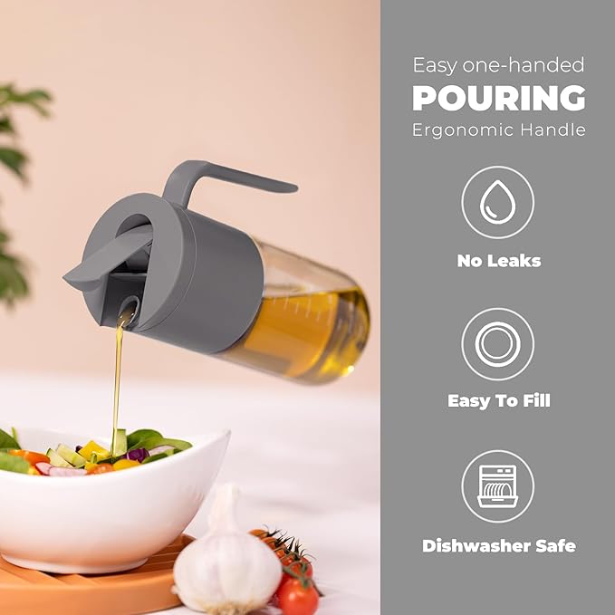 Zuutii Olive Oil Dispenser Bottle 18.6oz – Auto Flip Glass Vinegar Bottle with No-Drip Spout for Kitchen Cooking, Oil and Sauce Dispenser,Gray