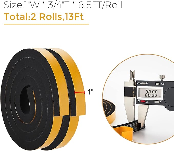 13 Feet Weather Stripping Door Seal, 1" Wide X 3/4" Thick Door Seal Strip High Density Foam Tape Adhesive Strip for Door Soundproofing,Window Insulation (1" x 3/4" x 13FT,Black)