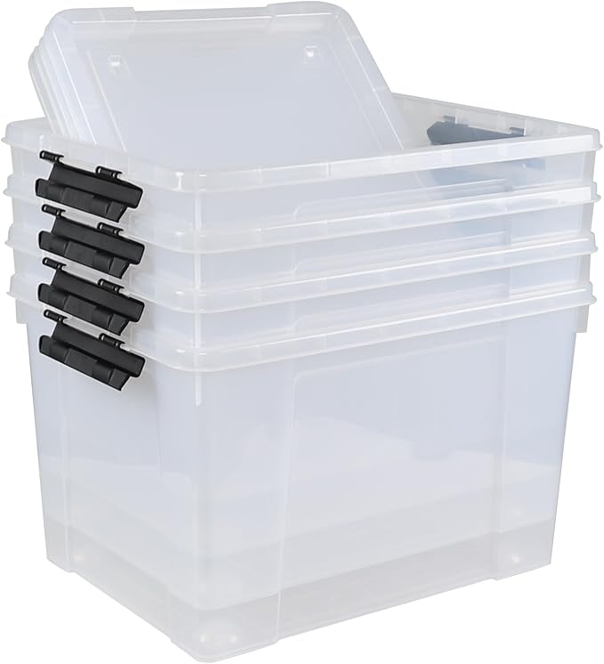 50 L Large Plastic Storage Bins with Latching Lids and Wheels, 4-Pack Clear Stackable Boxes for Closet, Garage