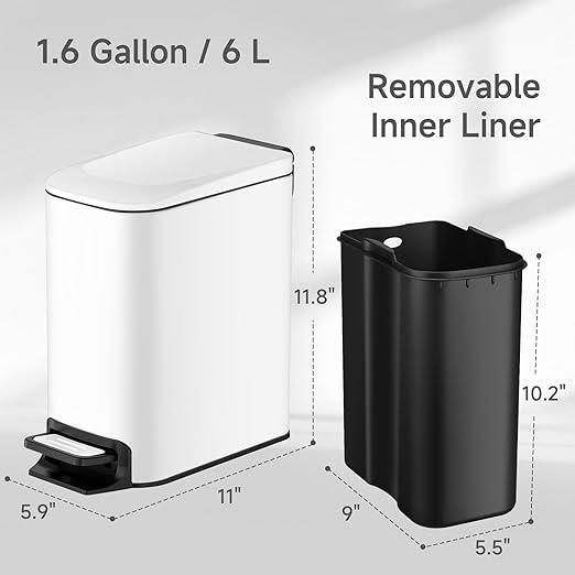 TIPGO Slim Bathroom Trash Can with Lid Soft Close, Step Pedal, 6 Liter / 1.6 Gallon Stainless Steel Trash Bin, Small Garbage Cans for Bedroom, Office, Kitchen (White)