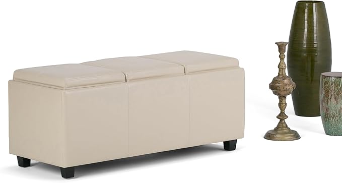 SIMPLIHOME Avalon 42 inch Wide Contemporary Rectangle Storage Ottoman in Satin Cream Vegan Faux Leather, Assembled, for the Living Room, Entryway and Family Room