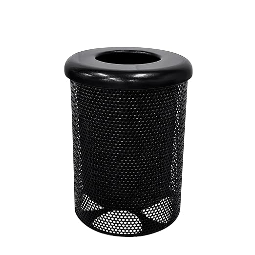 COATEDOUTDOORFURNITURE RFT-P-BLK Heavy Duty Round Trash Receptacle with Flat Top, Liner Included, 32 Gallon, Black, Made in America