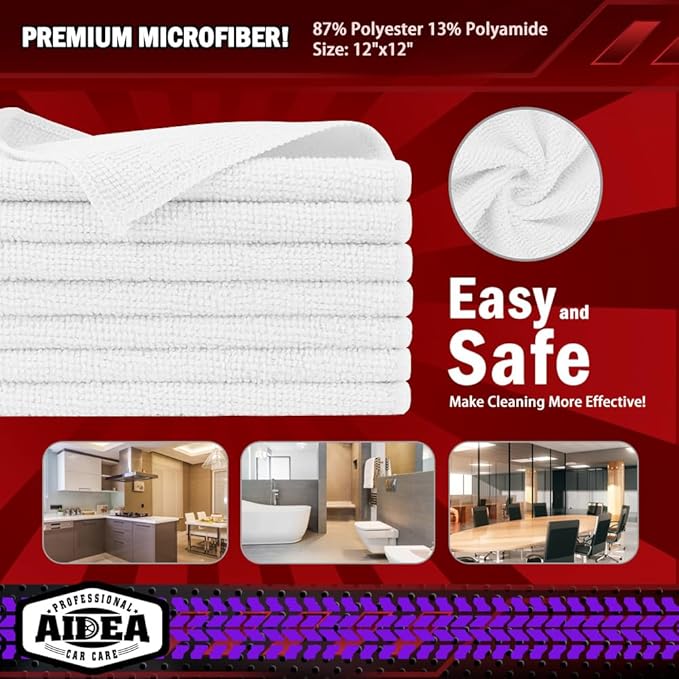 AIDEA Microfiber Cleaning Cloth White 10PK, Microfiber Towels for Cars, Premium Car Cloths, Dusting Cloth Lint Free Cleaning Rags for SUVs, House, Kitchen, Window, Workshops,12×12"