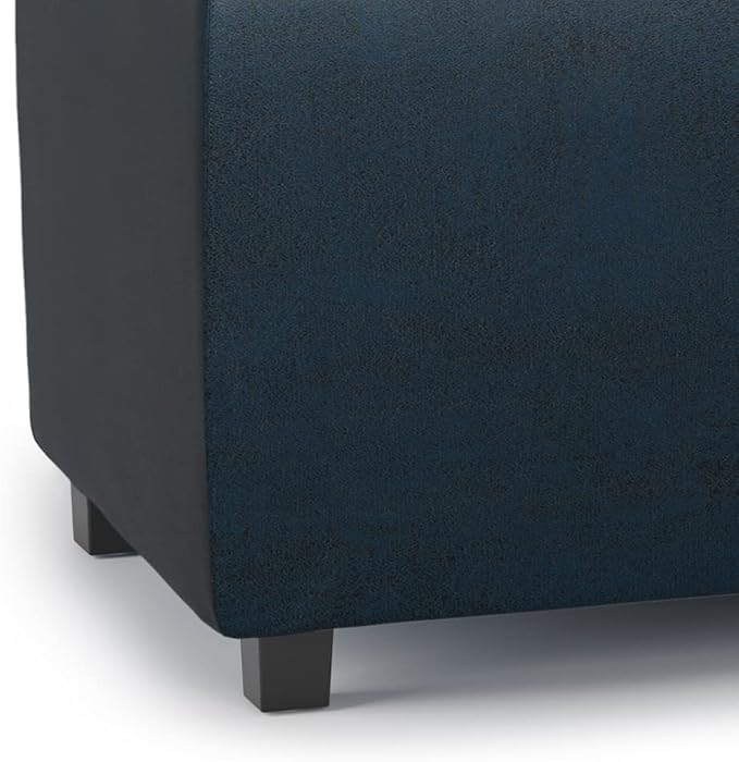 SIMPLIHOME Avalon 42 inch Wide Contemporary Rectangle Storage Ottoman in Distressed Dark Blue Vegan Faux Leather, Assembled, for the Living Room, Entryway and Family Room