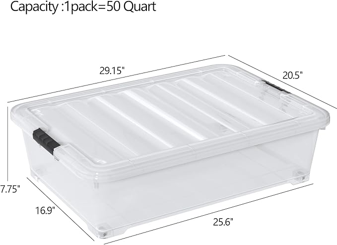 50 Quart Plastic Under Bed Storage Boxes, Clear Under Bed Storage Containers with Wheels, 3-Pack
