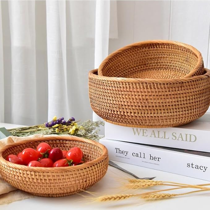 Rattan Bread Basket, Hand Woven Fruit Basket, Wicker Serving Basket Bowl, Decorative Baskets for Kitchen Counter Organizing, Set of 3 (Round)