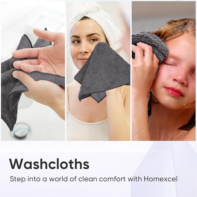 HOMEXCEL Microfiber Washcloths 12 Pack, Highly Absorbent and Soft Face Towel, Multi-Purpose Grey Wash Cloths for Bathroom, Hotel, Spa, Gym, and Kitchen, 12x12 Inch