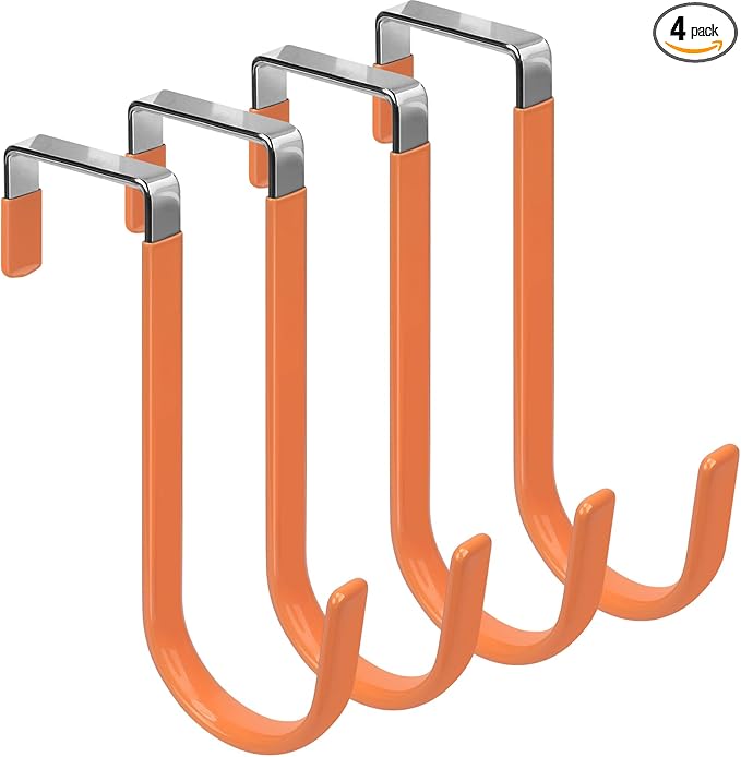 FYY Over The Door Hooks, 4 Pack Door Hangers Hooks with Rubber Prevent Scratches Heavy Duty Organizer Hooks for Living Room, Bathroom, Bedroom, Kitchen Hanging Clothes Towels Hats Coats Bags Orange