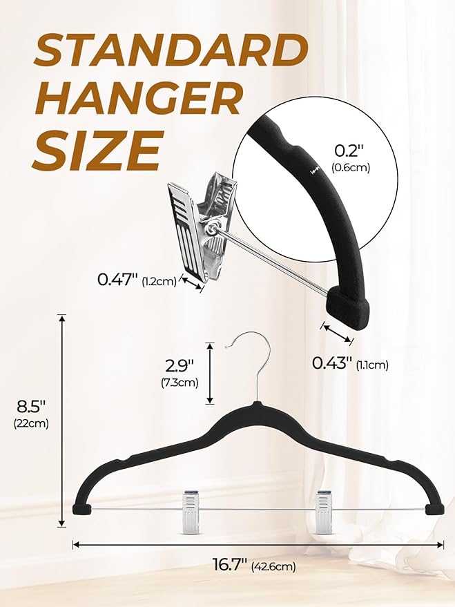 HOUSE DAY Velvet Skirt Hangers 12 Pack, Black Velvet Pant Hangers with Adjustable Clips, Space Saving Slim Shorts Hanger, Heavy Duty Non Slip Clip Hanger for Pants, Skirts, Shorts