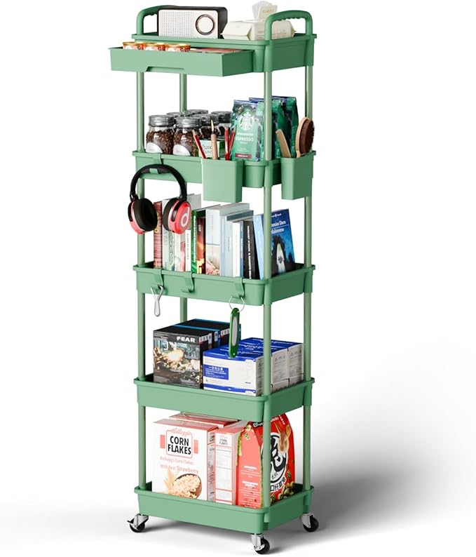 5 Tier Rolling Cart Organizer,Bathroom Cart Organizers with Wheels Laundry Room Organization Mobile Shelving Unit Utility Cart Storage Shelves Multi-Functional for Office, Home(Green)