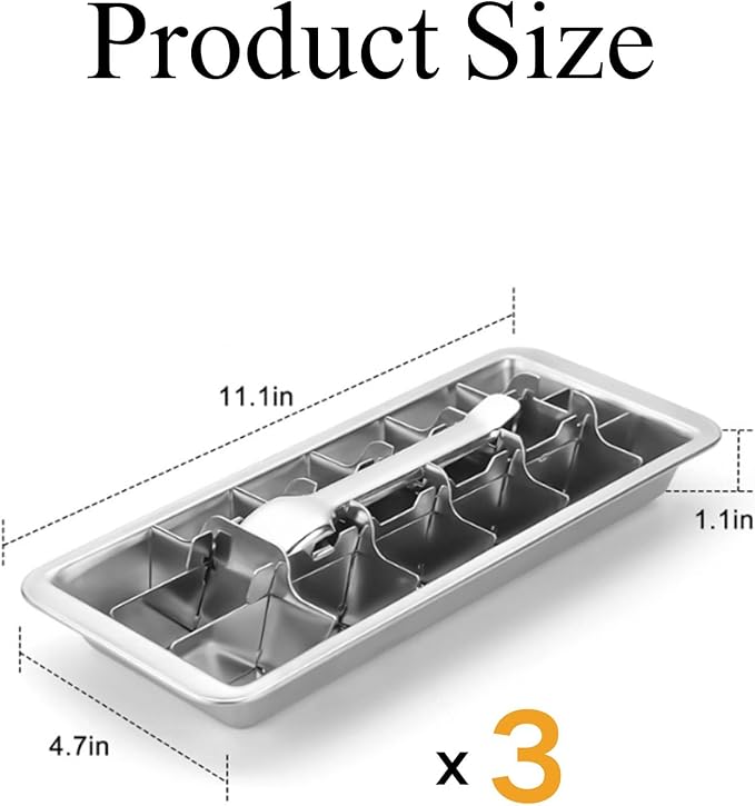 3 Pack Stainless Steel Ice Cube Trays, 18 Slot Ice Tray with Easy Release Handle Detachable Ice Trays for Easily Making Various Ice Cubes and Frozen Foods 10.9x4.4x2.2 inches