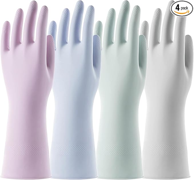 Rubber Cleaning Dishwashing Gloves 4 Pairs Reusable Kitchen Glove for Washing Dishes & Household Bathroom Cleaning Dish Gloves with Flock Lining Anti-Slip Grip Waterproof Thick Long-lasting Colorful S