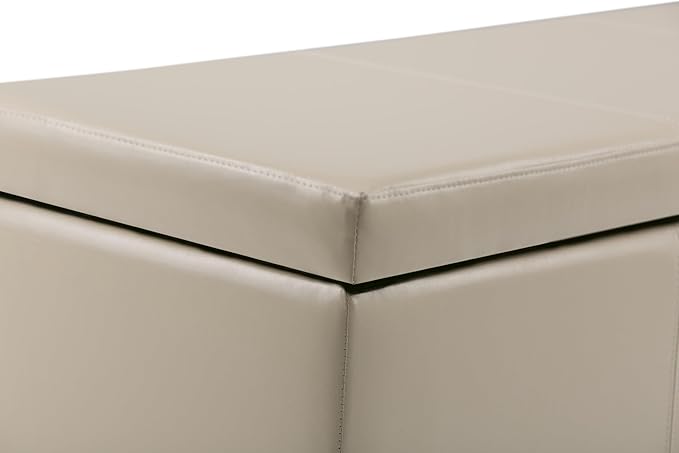SIMPLIHOME Avalon 48 inch Wide Contemporary Rectangle Storage Ottoman Bench in Satin Cream Vegan Faux Leather, Assembled, for the Living Room, Entryway and Family Room