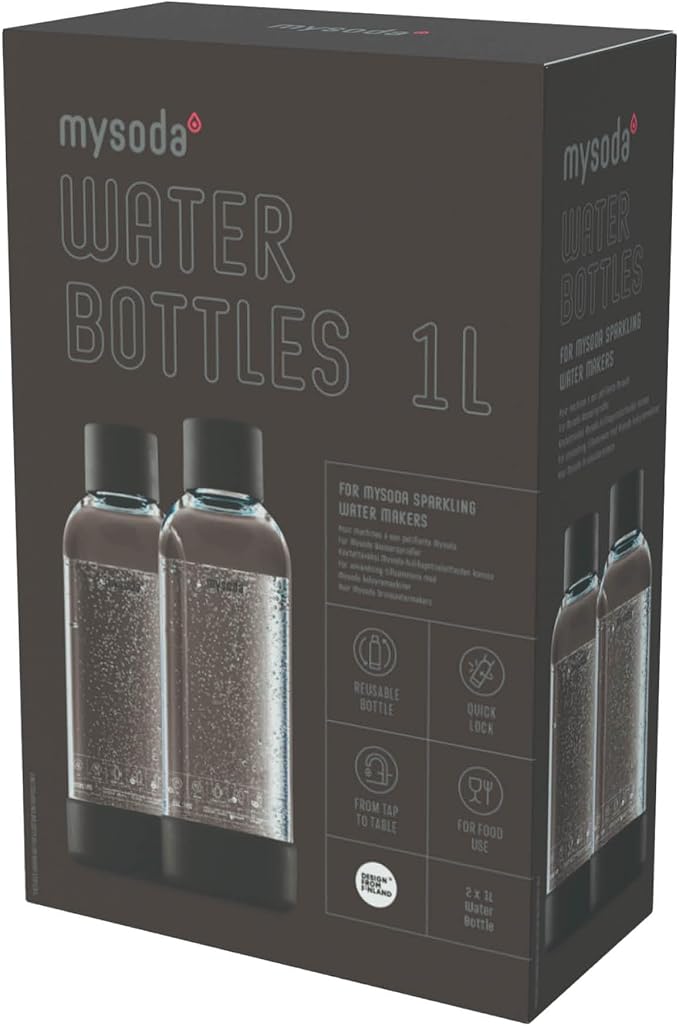 Mysoda Carbonating Bottles 2Pck 1L - Compatible with MySoda and any brands - Lid and Base Made of Wood Composite - Quick-Lock Reusable Bottles - BPA Free - Black