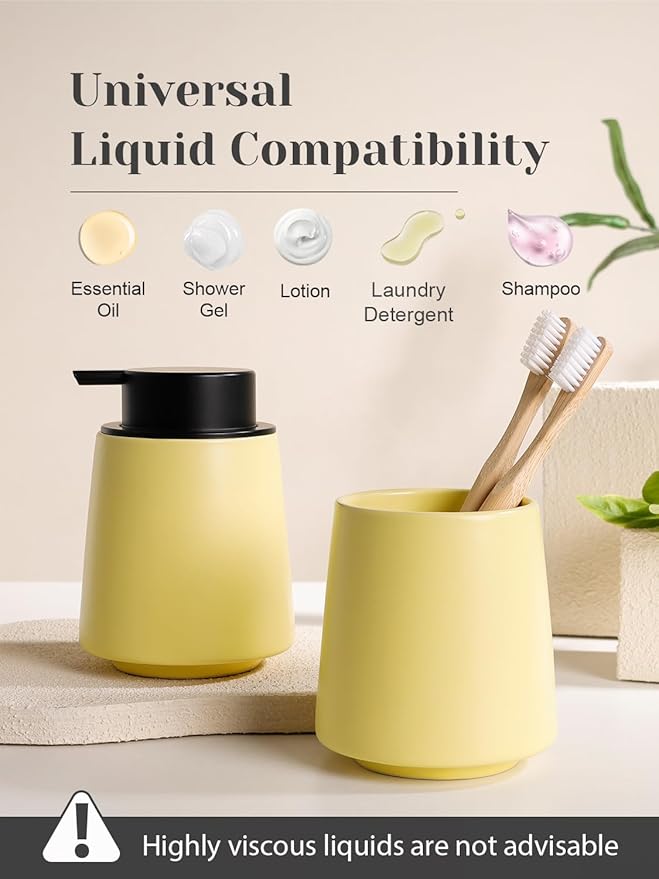 INGOFIN Ceramic Soap Dispenser, 14 oz Bathroom Hand Soap Dispenser, Liquid Dispenser with Pump, Refillable Modern Lotion Dish Dispenser for Kitchen, Matte Yellow