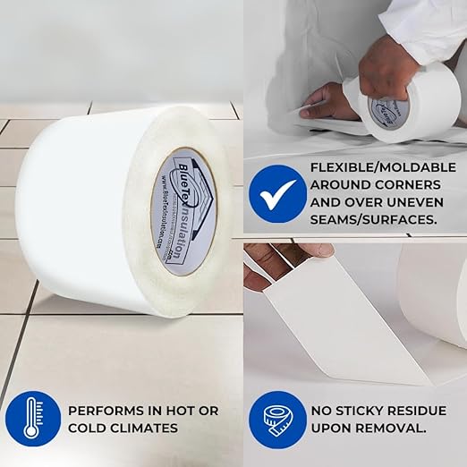 BlueTex Insulationㅤ3 Wide x 180' Long White Vapor Barrier Seam Tape - 16 Rolls Bulk Pack, Great for Crawlspaces, Waterproofing, Insulation Repairs, Underlayment Seams, Metal Building Insulation Seams