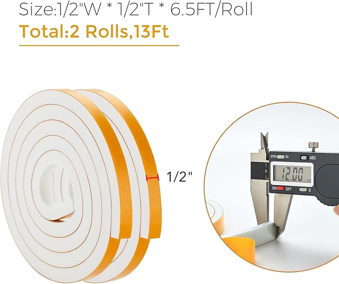 13 Feet Weather Stripping Door Seal, 1/2" Wide X 1/2" Thick Door Seal Strip High Density Foam Tape Adhesive Strip for Door Soundproofing, Window Insulation (1/2" Wide X 1/2" x 13FT, White)